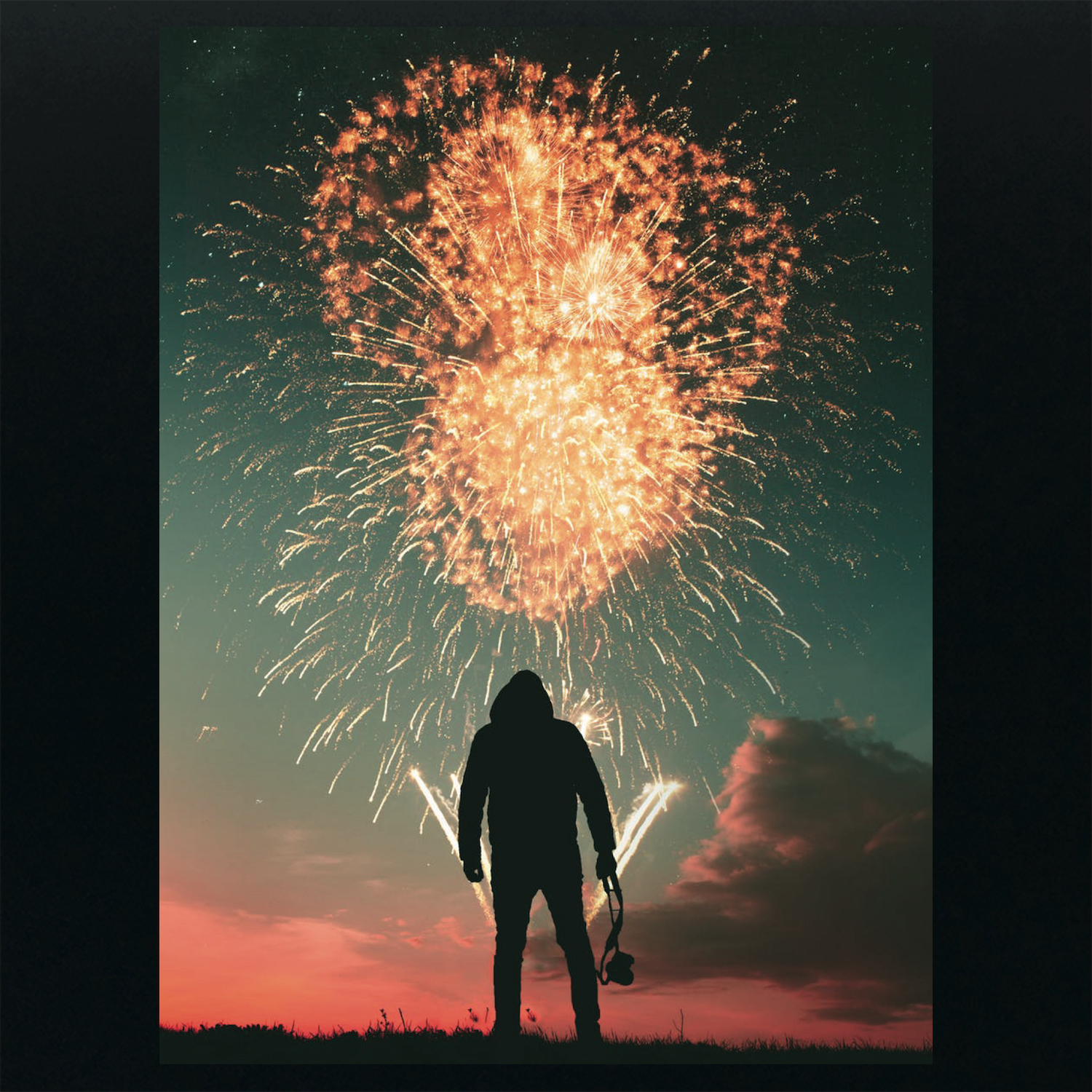 Man with camera in front of Fireworks - Print on Dibond